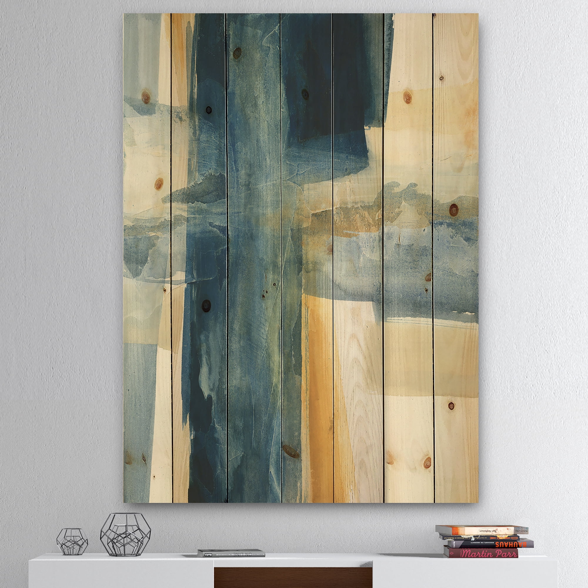 Designart 'Indigo Panel VI' Glam Modern Print on Natural Pine Wood
