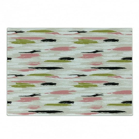 Art Cutting Board, Bold Pattern with Thick Brushstrokes and Stripes Hand Painted Boho Print, Decorative Tempered Glass Cutting and Serving Board, Small Size, Coral Black Olive Green, by Ambesonne
