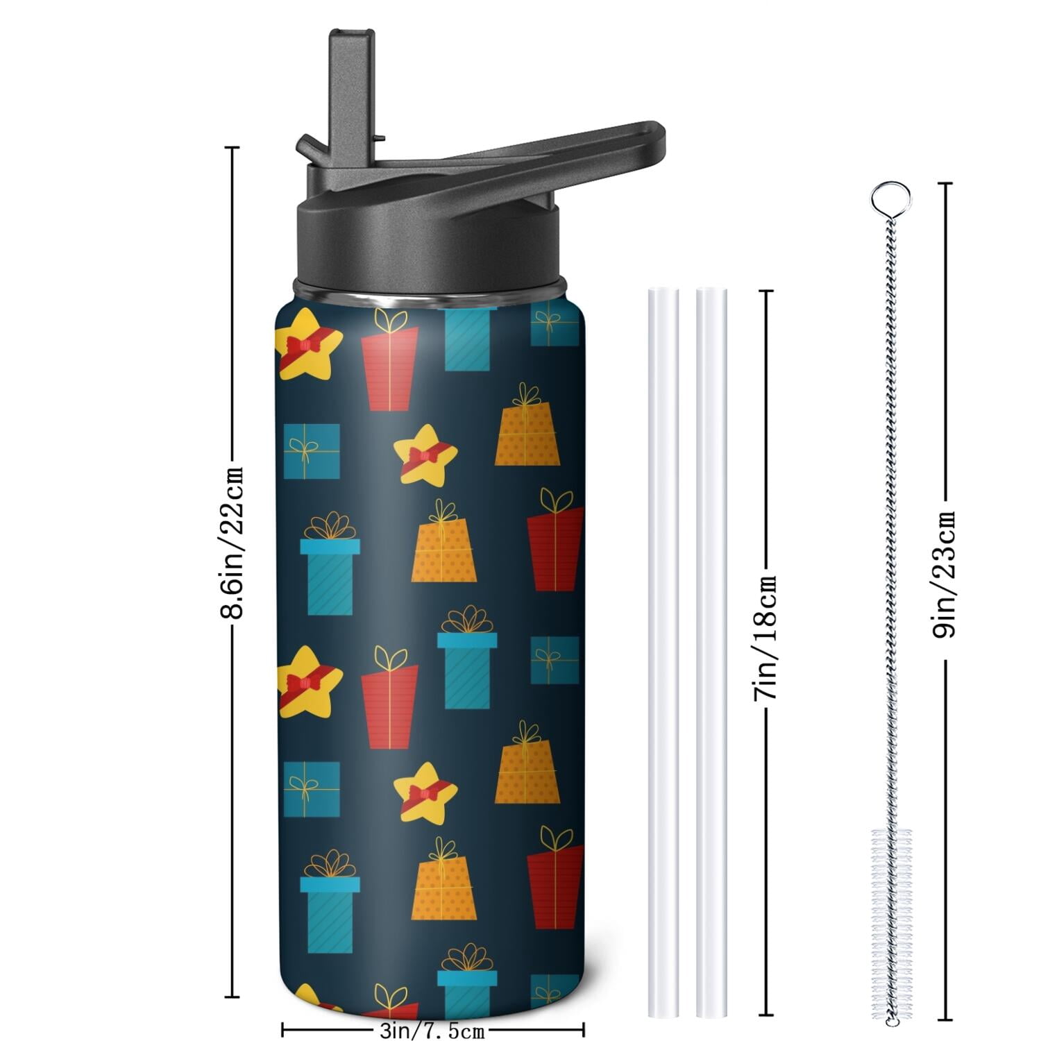 Christmas 18 oz Insulated Stainless Steel Water Bottle with Straw & Cleaning Brush , Leakproof, BPA-Free, 304 Stainless Steel, Wide Mouth, Travel Mug for Car, Gym, Office