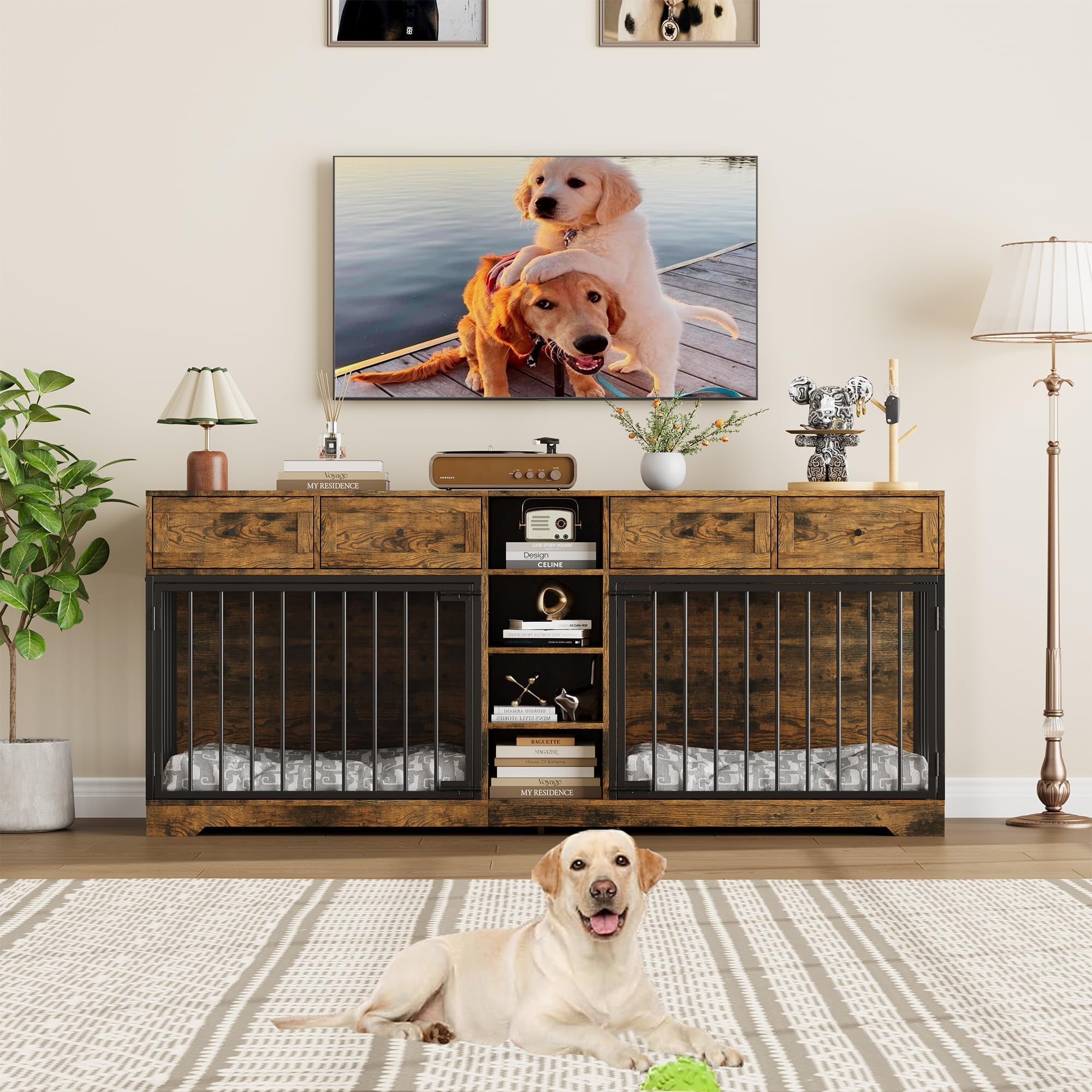 Yeshouse Large 82” Dog Crate for 2, Dog Kennel Furniture with Storage Drawers & Shelves, TV Console for Living Room
