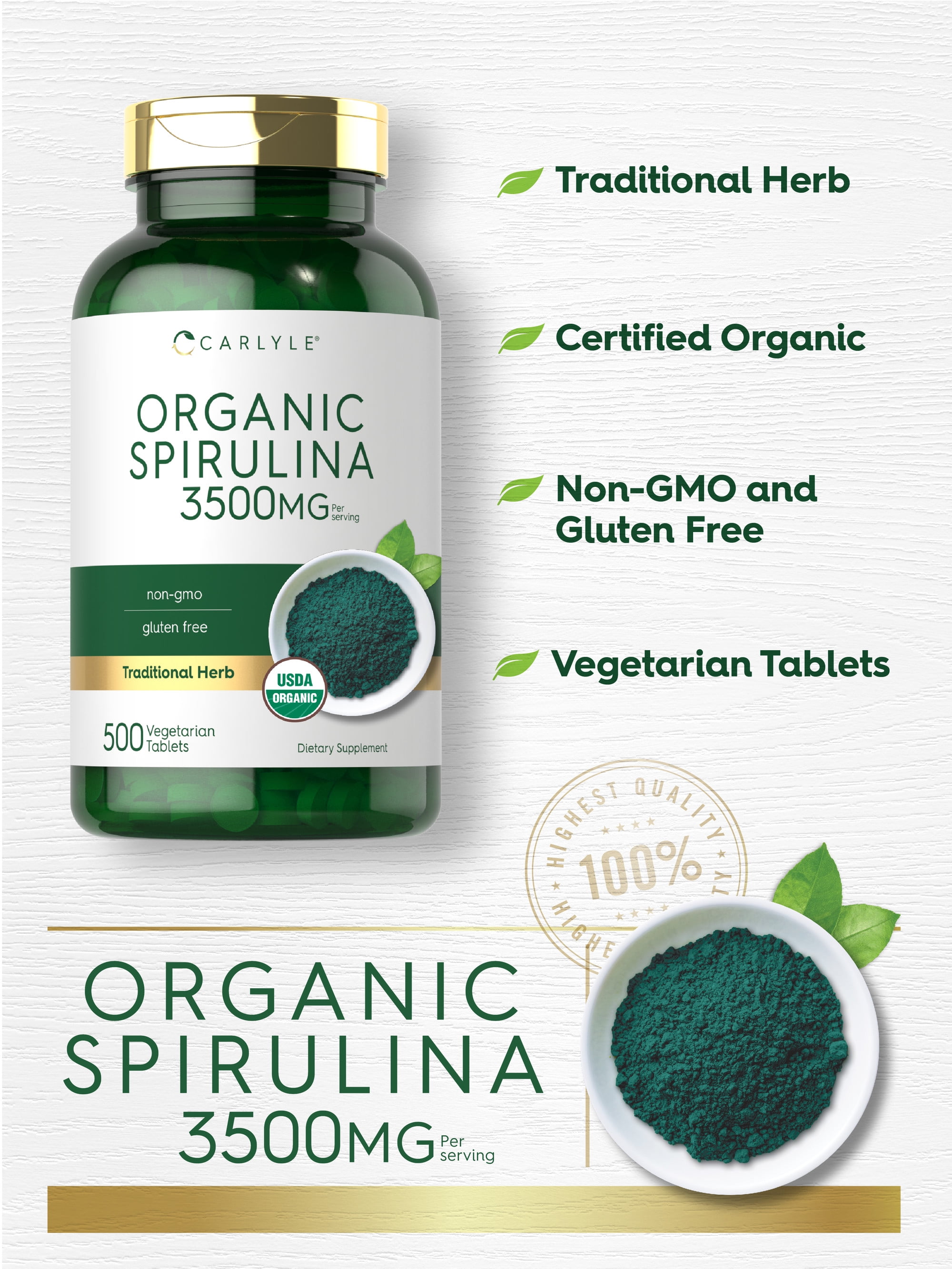 Organic Spirulina Capsules 3500mg | 500 Tablets | Non-GMO & Gluten Free | By Carlyle