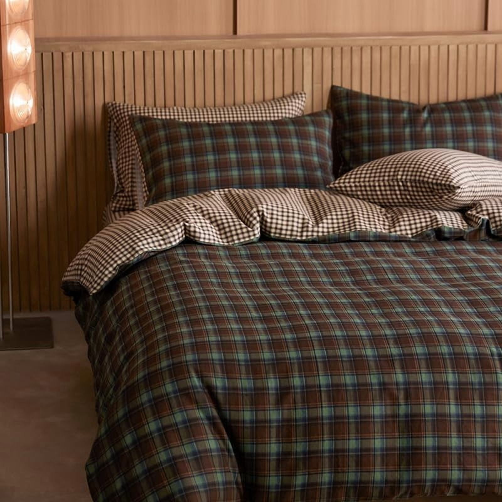 JOLUSERE Green Brown Plaid Duvet Cover King Set, 3-Piece Vintage Beige Brown Grid Checkered Pattern Soft Comforter Cover