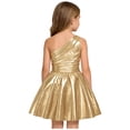 thumbnail image 4 of Raenseen Girls Shiny Party Dress With Belt One Shoulder A Line Summer Dress Patent Leather Look Modern Jazz Dance Outfits Gold 14, 4 of 7