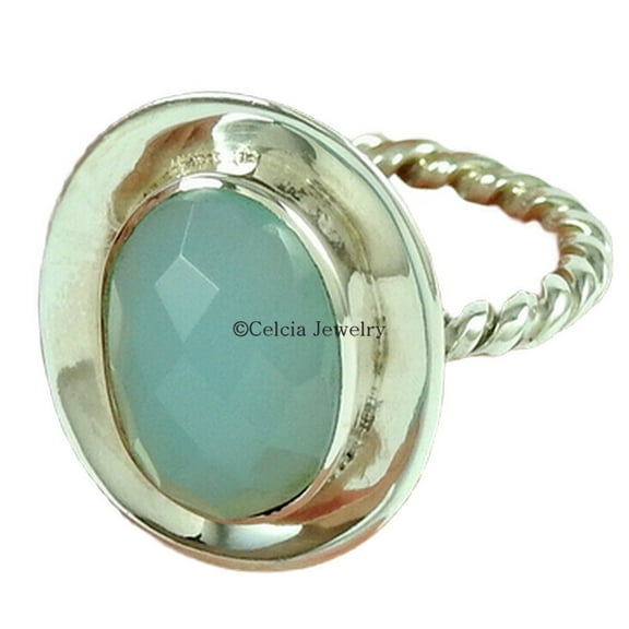 Pure 925 Sterling Silver, Aqua Chalcedony Genuine Gemstone Amazing Ring, Blue Stone Checker Cut Oval Ring, Gifts For Sister, Solitaire Ring, Birthday Gifts For Girlfriend (Aqua Chalcedony, 7)