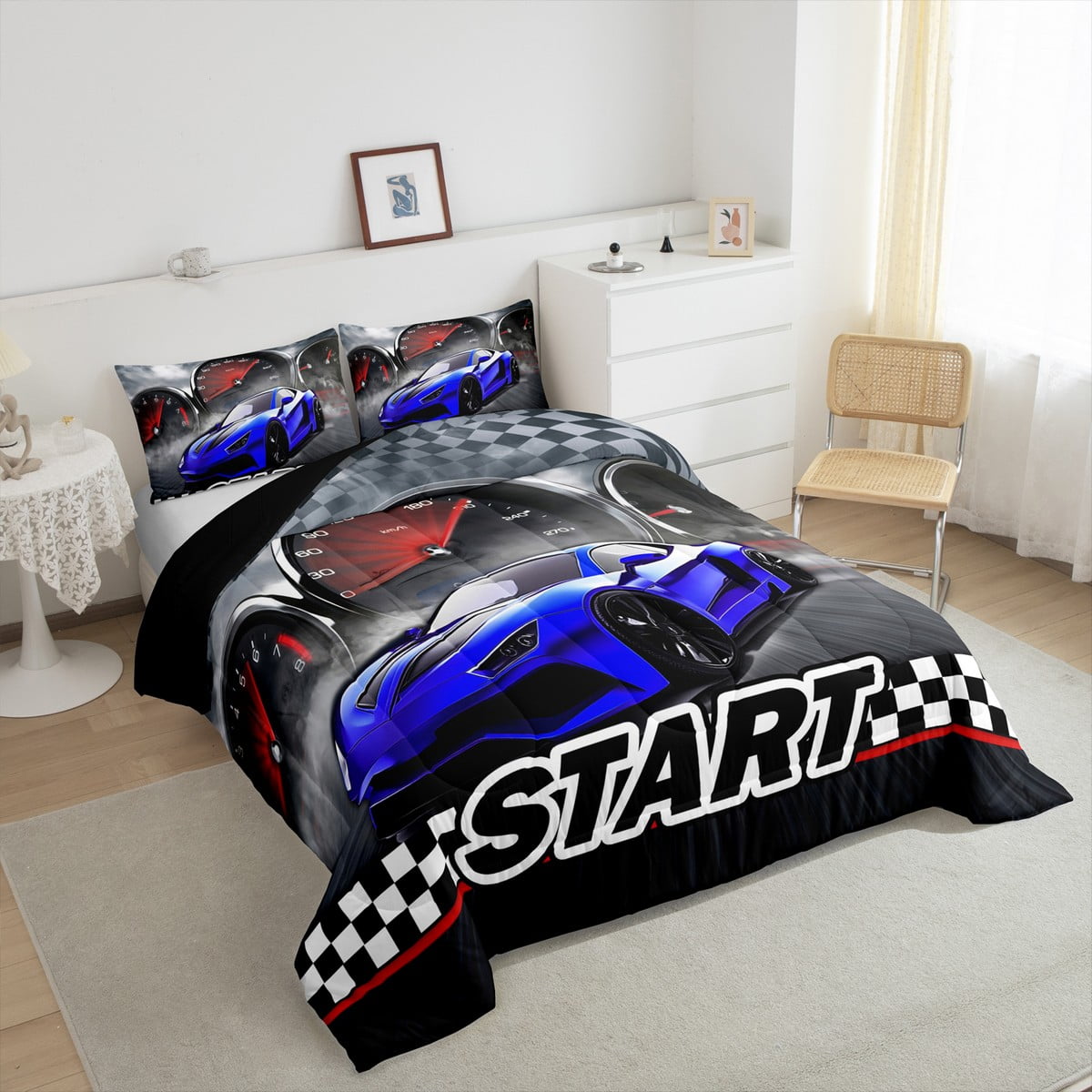 Race Car Comforter Sets Cool Sports Car Bedding Queen Size Man Extreme Sports Duvet Quilt Blue Racing Car Print Black and White Grids Decor Comforter 3 Pcs with 2 Pillowcases