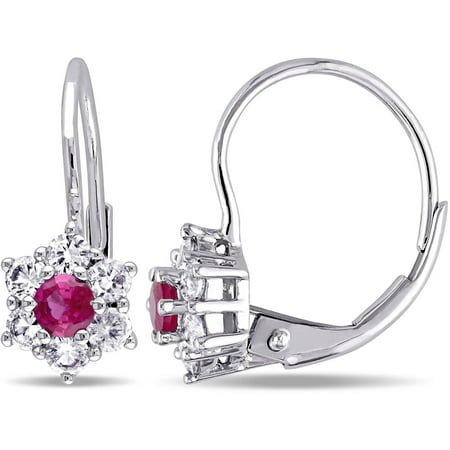 Tangelo 1 Carat T.G.W. Created Ruby and White Sapphire 10kt White Gold Hexagram Leverback Earrings