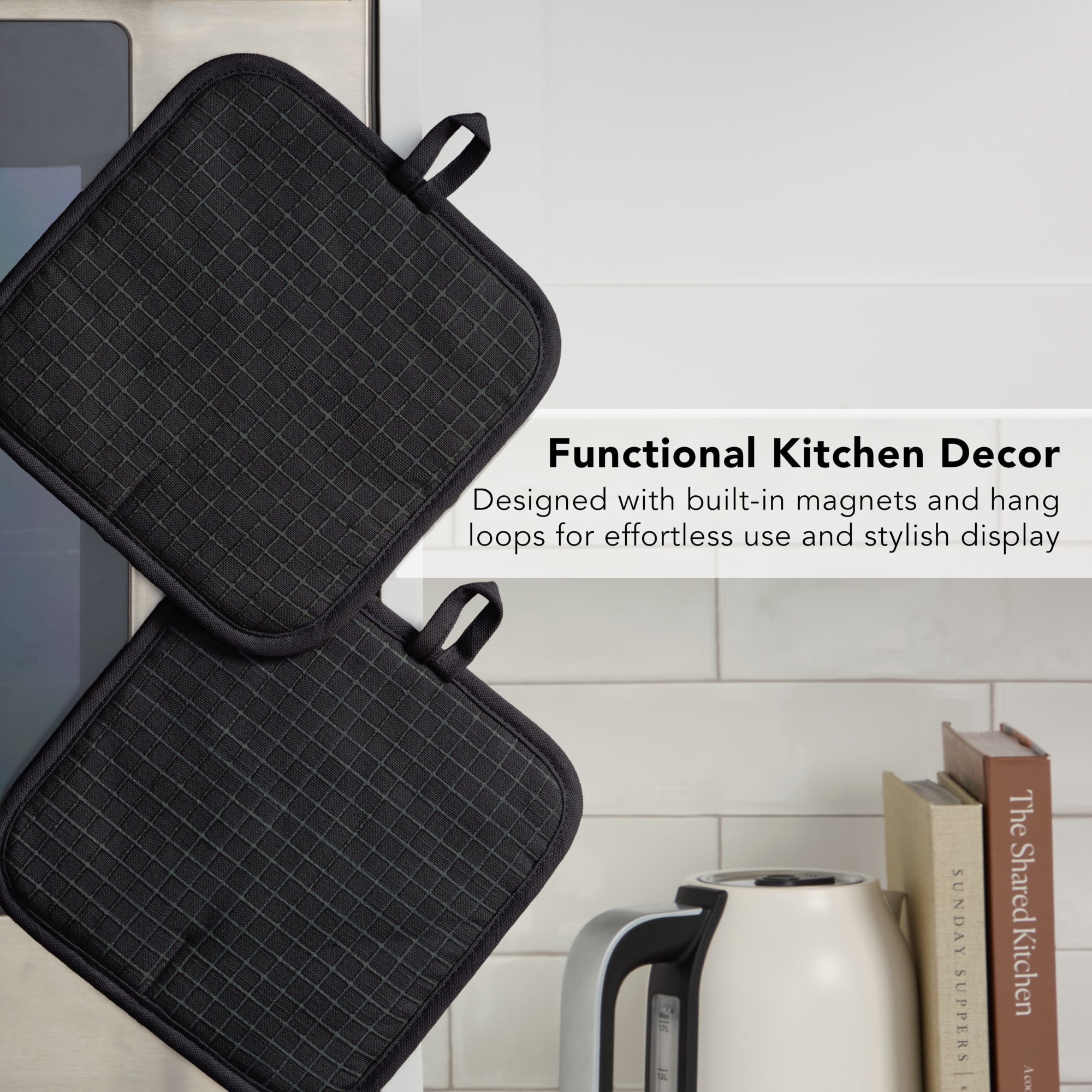 KITCHENAID Gourmet Series Gridlines Pot Holders 2-Pack Set, Heat Resistant up to 600°F, Soft Silicone Grip, Magnetic Cuff, Matte Black, 8"x8"