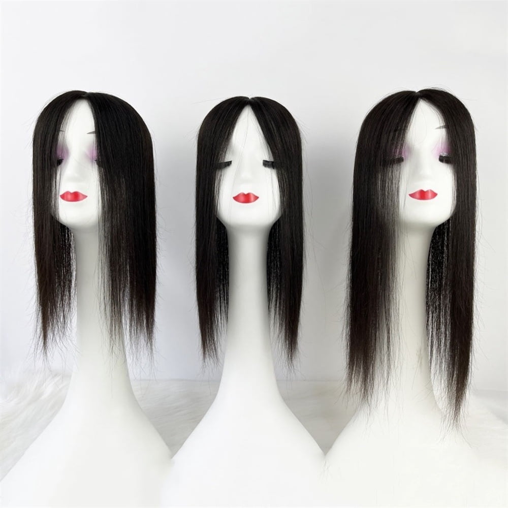 Hair Toppers for Women, Real Human Hair 15×17cm Silk Base Clip in Hair Pieces Natural Black Center Part Straight Hair Pieces for Thin Hair Daily Use