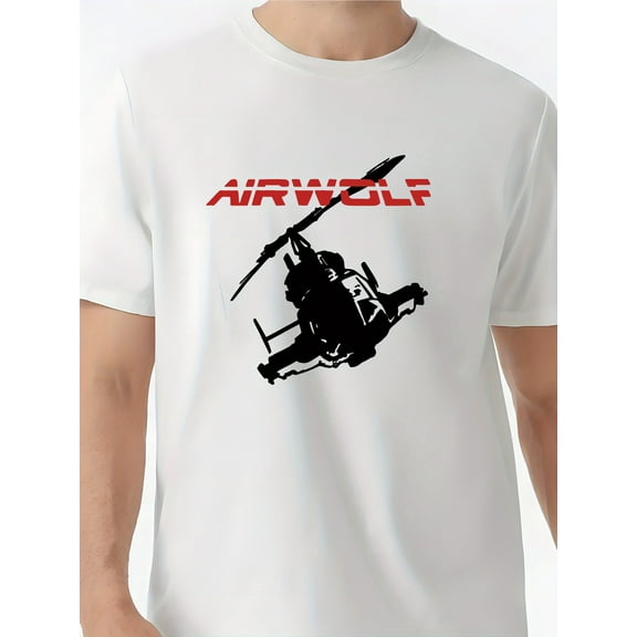 Men'S Casual T-Shirt with Air Wolf Helicopter Graphic - Black Crew Neck, Short Sleeve, Summer Tee, Regular Fit, Lightweight & Breathable Fabric for Casual Attire, Casual Summer Tee |