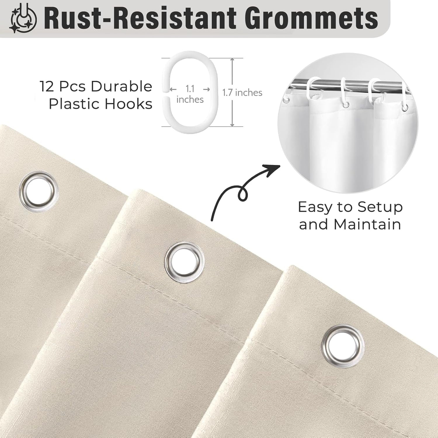 Seasonwood Farmhouse Shower Curtains Beige Ruffle Shower Curtain with Buttons & Ruffles for Bathroom,12pcs Hooks,72"x72"