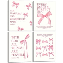 4Pcs Pink Bow Wall Art Christian Aesthetic Pictures Bible Verses Canvas Posters Prints Eclectic Teen Girl Coquette Painting Preppy Wall Decor for Bedroom Dorm College Apartment Unframed