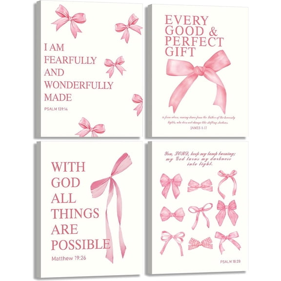 4Pcs Pink Bow Wall Art Christian Aesthetic Pictures Bible Verses Canvas Posters Prints Eclectic Teen Girl Coquette Painting Preppy Wall Decor for Bedroom Dorm College Apartment Unframed