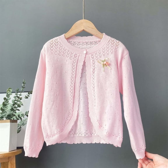 Lastesso Cardigan Sweaters for Girls Lightweight Long Sleeve Hollow Out Cardigan Button Casual Round Neck Sweater Pink Size 2
