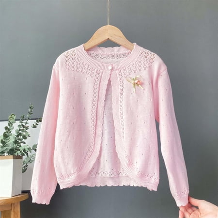 AVRNLIQ Girls Open Front Knit Cardigan Scalloped Trim Long Sleeve Shrug with Floral Brooch Pink 80-160 Size 1 T