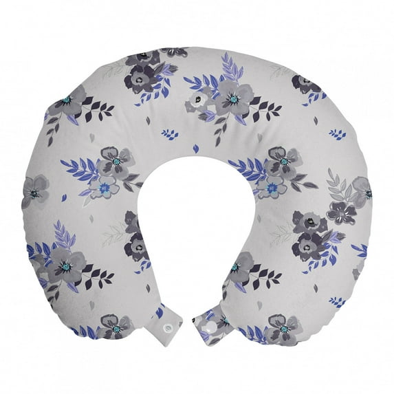 Floral Travel Pillow Neck Rest, Flower Bouquets Flourishing Buds of Summer Garden Meadow Blossoms Pattern, Memory Foam Traveling Accessory Airplane and Car, 12", Blue Violet and Grey, by Ambesonne