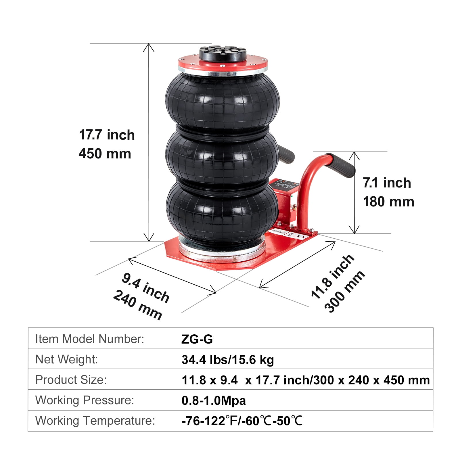 VEVOR Air Jack, 3 Ton/6600 lbs Triple Bag Air Jack, Airbag Jack with Six Steel Pipes, Lift up to 17.7 inch/450 mm, 3-5 s Fast Lifting Pneumatic Jack, with Short Handles for Cars, Garages, Repair