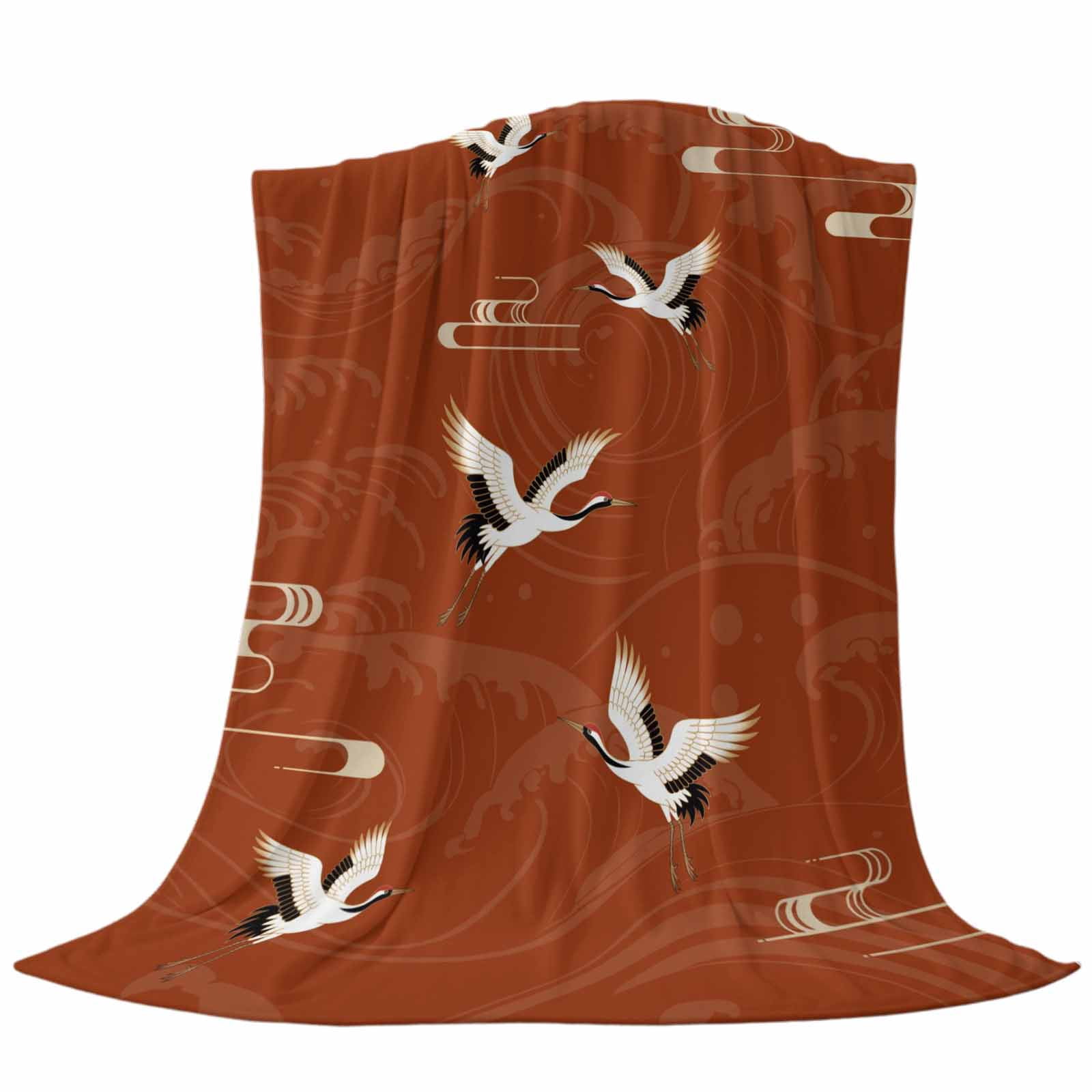 Japanese Style Blanket Soft Cozy Warm Throw Blanket for Couch, Plush Fuzzy Flannel Fleece Blankets for Sofa, Vintage Art Cranes Ocean Wave Red Bed Blankets Lightweight Gifts for Women, 50"x80"