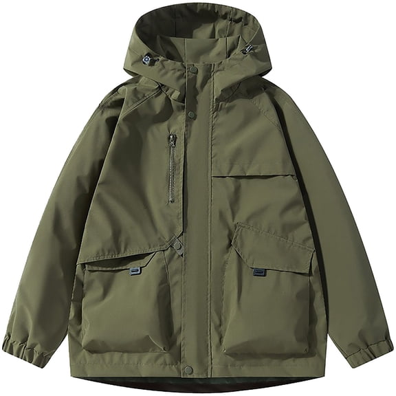 Men's Waterproof Windbreaker Utility Hooded Tactical Coat Shell Jacket Outdoor Hiking Travel with Cargo Pockets for Fall, Army Green, S