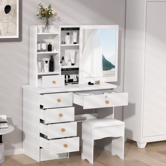 Andvari Compact Vanity Desk Bedroom Dressing Table Makeup Table with Drawers & Shelves, Easy Assembly, Hidden Storage Space