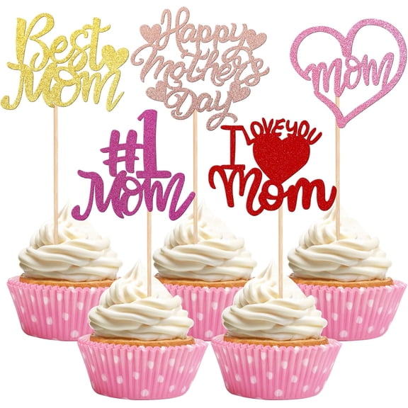 Happy Mother's Day Glitter Cupcake Toppers, Best Mom Heart Cake Picks, 10 Pack