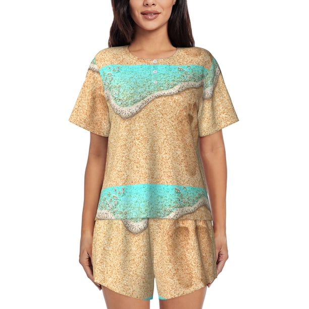 Fotbe Beach Footprint Conjunto de Pijama Estampado para Mujer, 2 Piezas, Ropa de Dormir con Camiseta de Manga Corta y Shorts Suaves-3X-Large