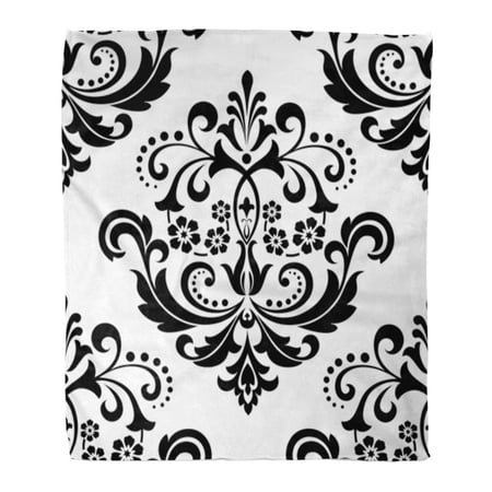 SIDONKU Throw Blanket Warm Cozy Print Flannel Baroque Damask Floral Pattern Royal Flowers on Black and White Antique Gothic Comfortable Soft for Bed Sofa and Couch 58x80 Inches