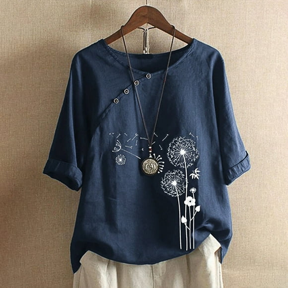 Summer Womens Cotton Linen Long/Short Sleeve Plus Size V Neck Button Solid Color Tops Casual Loose Tunic Blouse T Shirt