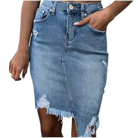 

Medcursor Raffia Table Skirt Womens Classic Blue Buttons Pockets Ripped Denim Skirt