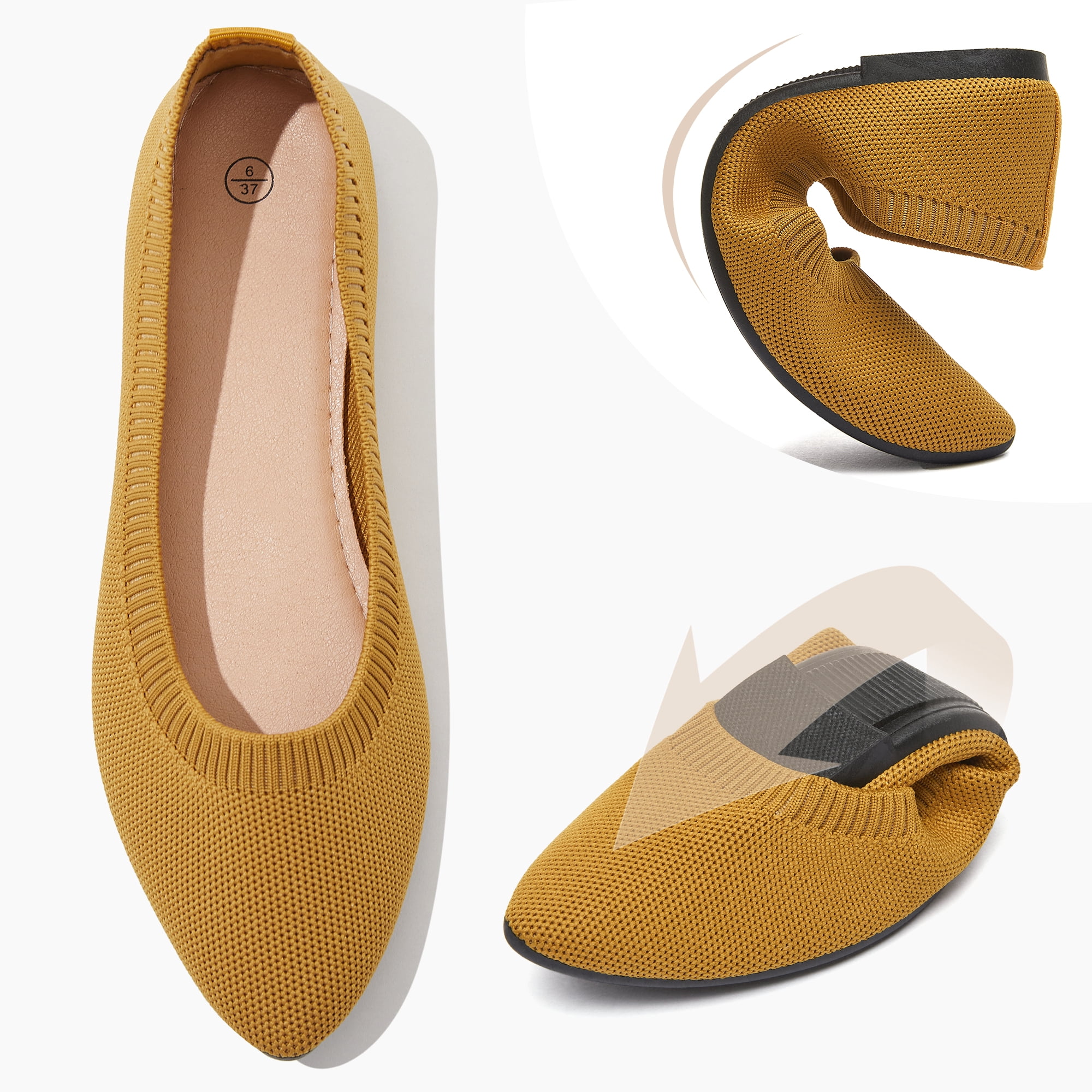 AOMAIS Women's Ballet Flats Pointed Toe Flats Mesh Slip On Shoes Fashion Lady shoes Classic Loafer Flats(Yellow,US11)