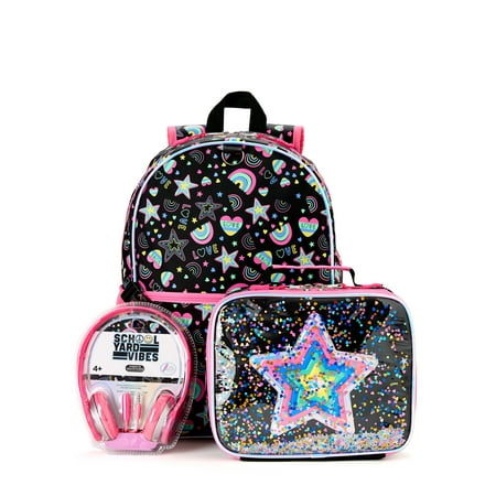 Schoolyard Vibes 17  3 Piece Backpack Set with Headphones and Kids Lunch Box