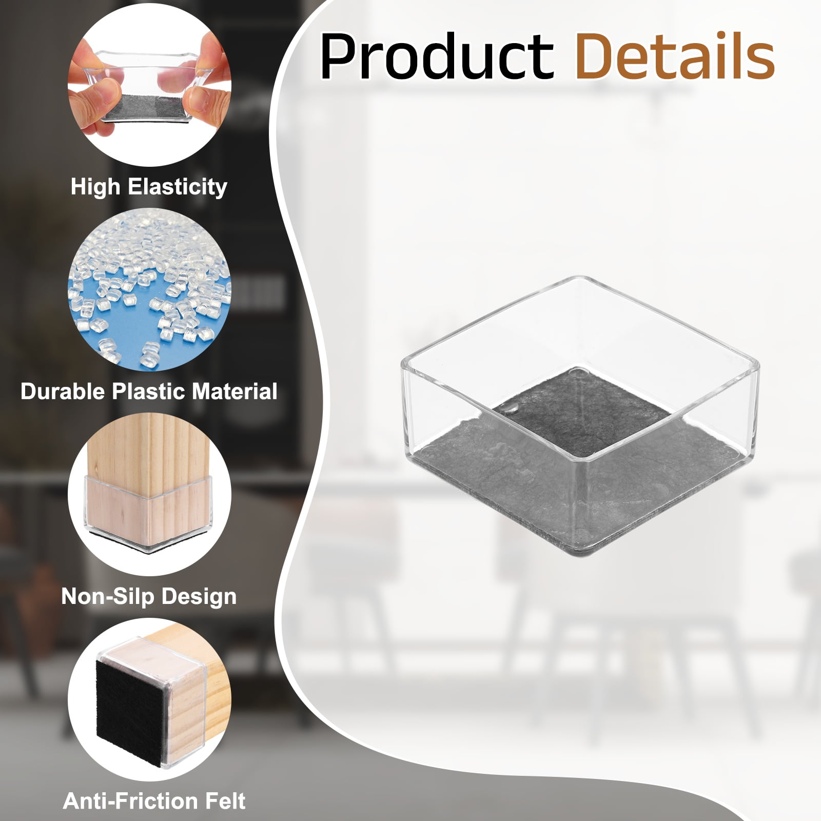 Uxcell 28Pcs Square Chair Leg Protectors, 2.76" & Felt Furniture Chair Leg Cover Caps for Hardwood Floors Elastic Scratch Reduce Noise Covers Furniture Pads, Clear Black