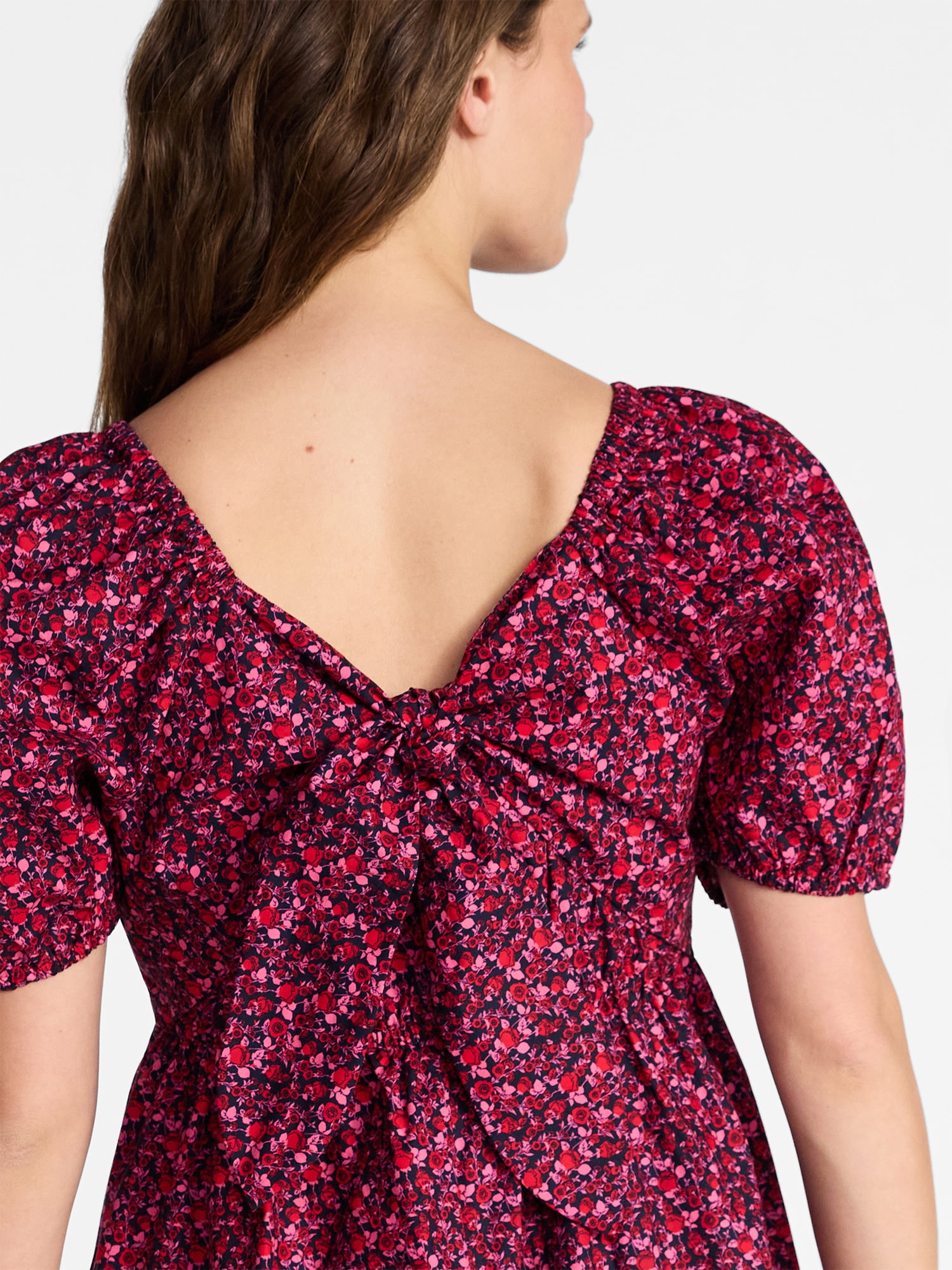 Time and Tru Women's and Women's Plus Tie Back Mini Dress with Puff Sleeves, Sizes XS-4X