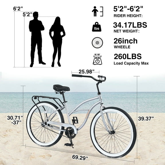 Men's 26" Beach Cruiser Bike: Single Speed or Shimano 7 Speed, Steel Frame, Wide Tires, Rear Coaster & Front V-Brakes for Easy Stopping, Multiple Colors