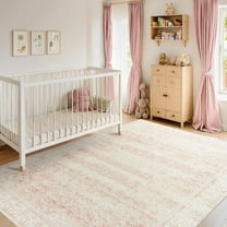 Nursery Rug for Baby Girl, Neutral Blush Pink Boho Cute Floral Foldable Machine Washable Soft Faux Wool Carpet Area Rugs for Living Room Bedroom Dorm Kids Playroom,5x7