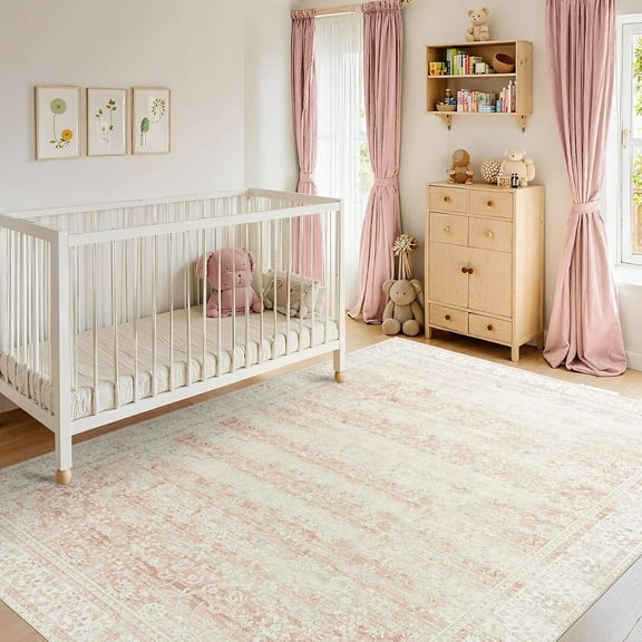 Nursery Rug for Baby Girl, Neutral Blush Pink Boho Cute Floral Foldable Machine Washable Soft Faux Wool Carpet Area Rugs for Living Room Bedroom Dorm Kids Playroom,5x7