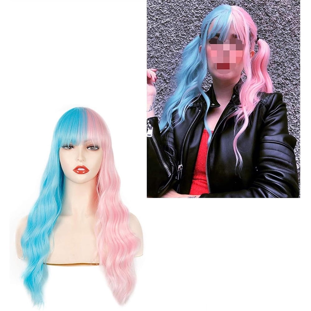 DOPI Brazilian Virgin Hair Full Lace Cap Band Human Hair Wigs For Black Women Fashion Sexy Wig Half Blue & Half Pink Synthe