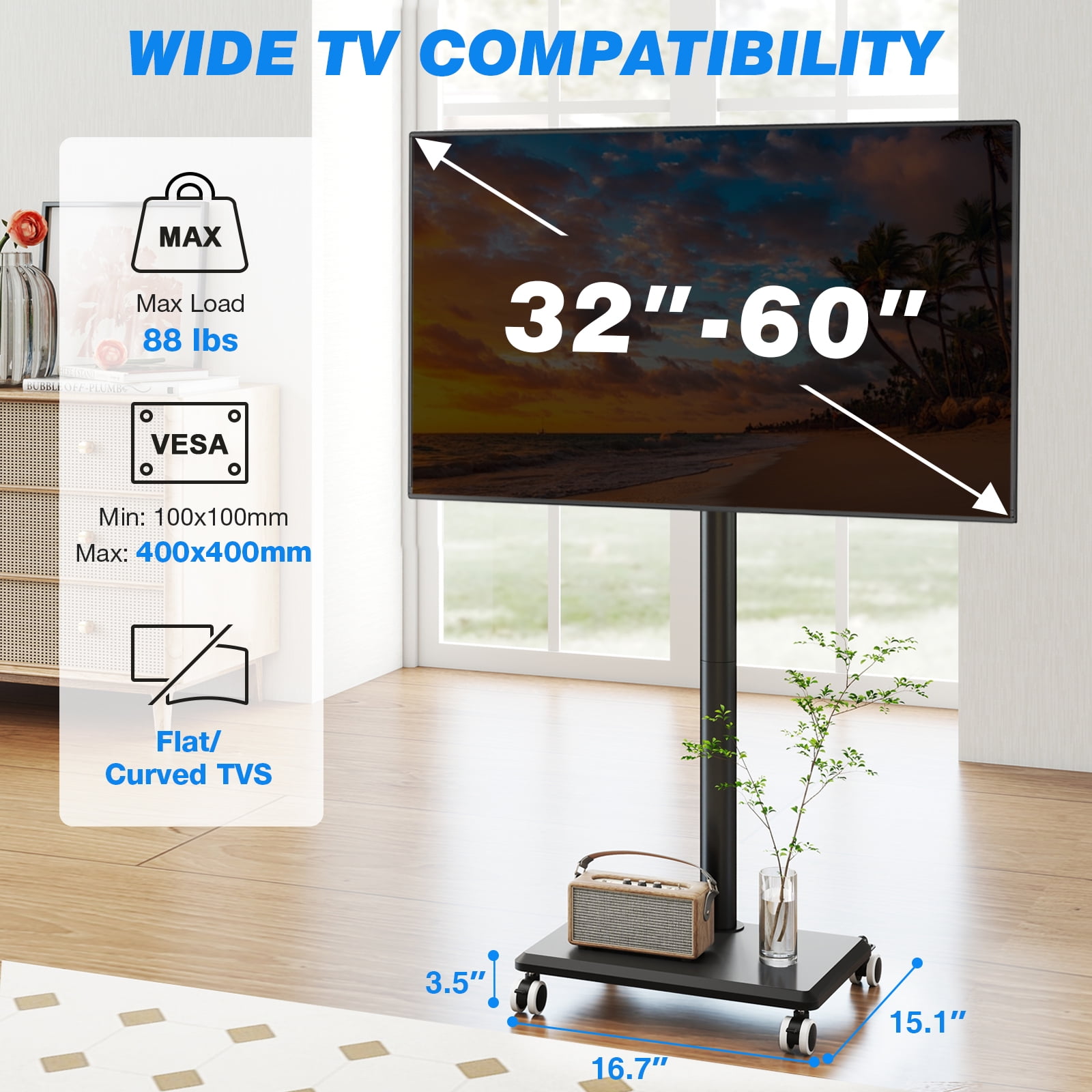 RTVR 32 to 60 inch Mobile TV Stand Cart, Tall Floor TV Stand with Swivel Mount, Height Adjustable Rolling Furniture Black