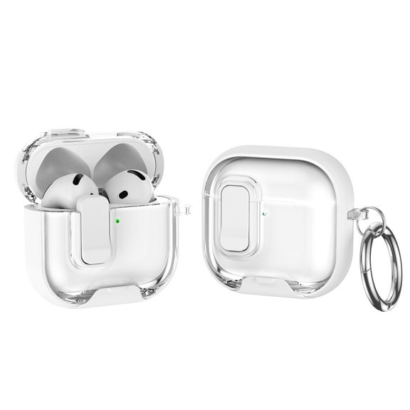ELEHOLD Clear Case For Airpods 4th Gen,Shockproof Slim Automatic Snap Switch Stand Bracket Secure Lock Charging Case with Metal Keychain For Airpods 4th Gen,White