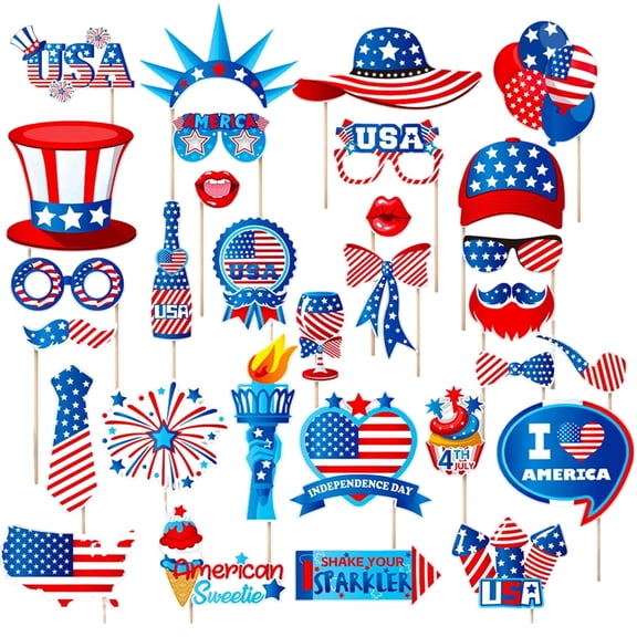 Tumao 30 Pcs 4th of July Photo Booth Props Patriotic Party Supplies Independence Day Party Decorations American Patriotic Party Decorations Photo Props