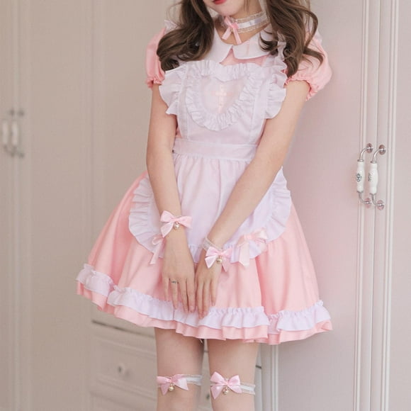 LOVZFMLL Women's Fashion Solid Casual Long Sleeve Round-Neck Beer Festival Maid Dress Pink 2XL