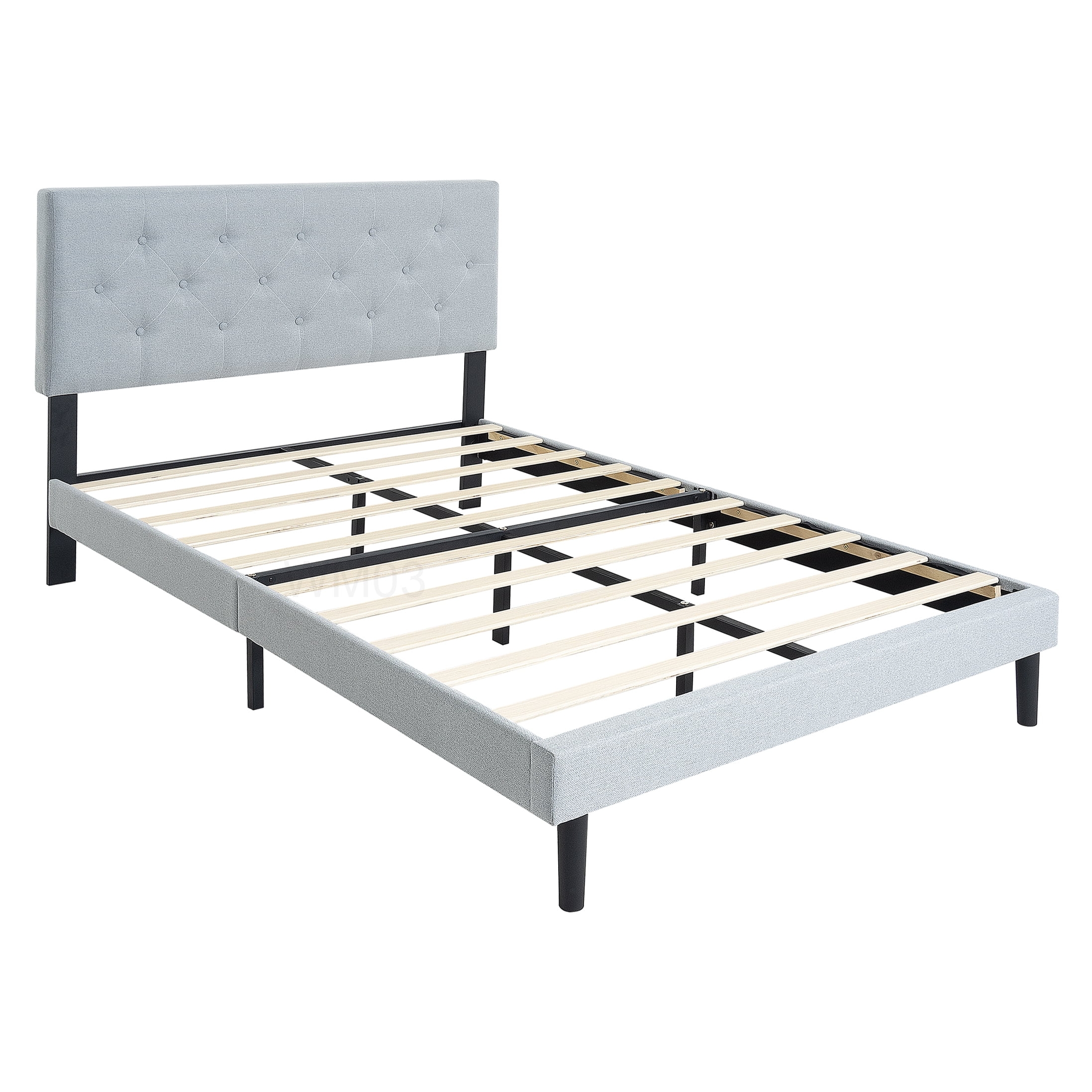 Modern Light Grey Upholstered Queen Bed, Platform Frame with Button Tufted Headboard and Wood Slats, Under Bed Clearance