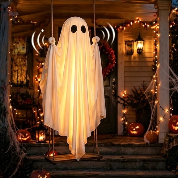 6 FT Remote Control Swinging Hanging Ghost Halloween Decor, 8 Modes Warm LED Light Creepy Sound Fabric Ghost Ornament, Easy Hang Spooky Prop For Tree Indoor Outdoor Halloween Decorations