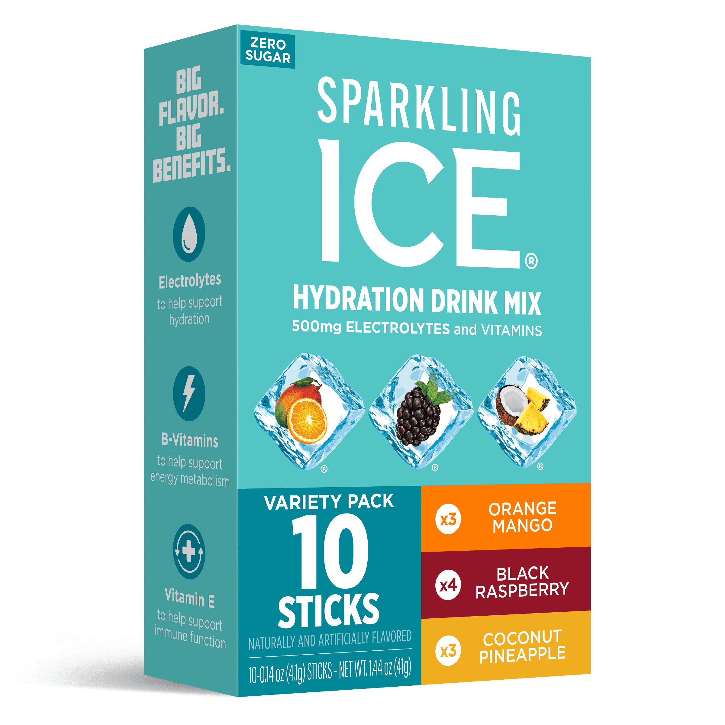 (12 pack) Sparkling Ice Powder Zero Sugar Drink Mix Variety Pack, Orange Mango, Black Raspberry & Coconut Pineapple, 10 Sticks