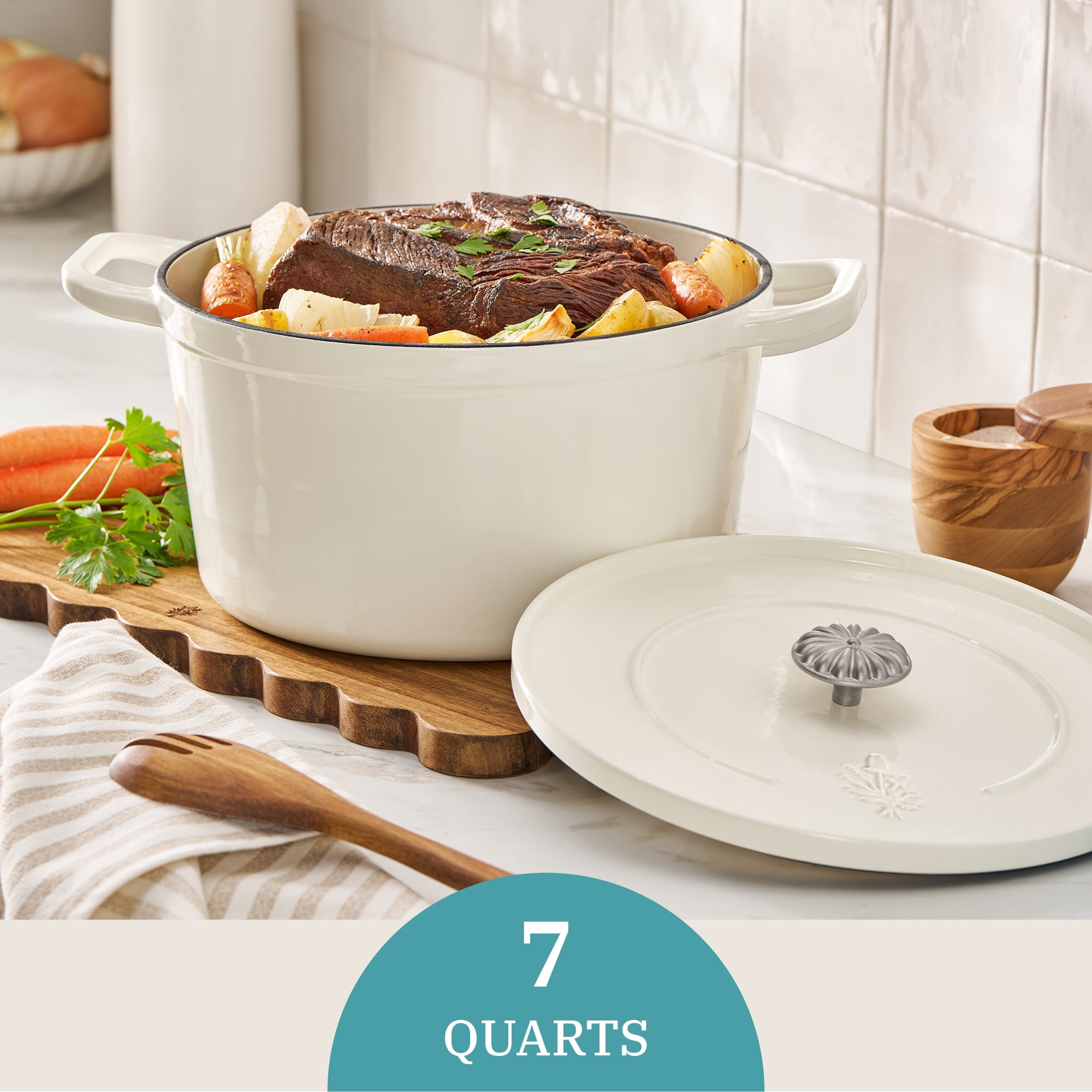 The Pioneer Woman 7-Quart Enameled Cast Iron Dutch Oven with Lid, Linen