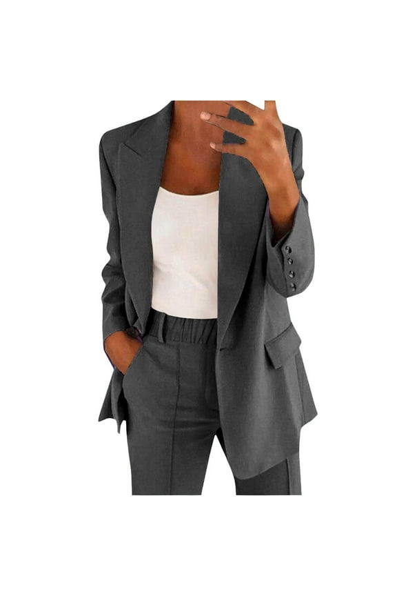 Women's Business Casual Pant Suit Set Plus Size Professional Blazer and Wide Leg Trousers Office Work Outfits Outfits L Size Dark Gray