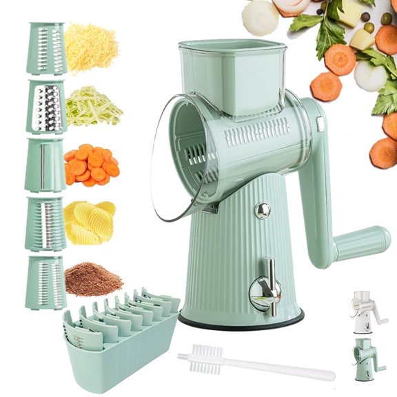 5-in-1 Rotary Cheese Grater Vegetable Slicer, 5 Interchangeable Blades Food Shredder with Anti-Slip Reinforced Suction Base, Kitchen Mandoline Chopper with Blade Storage Box (Green)