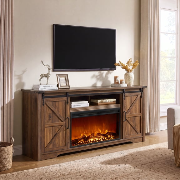 IFMUST Farmhouse Fireplace TV Stand for TVs up to 80", 30" Electric Fireplace & Barn Door