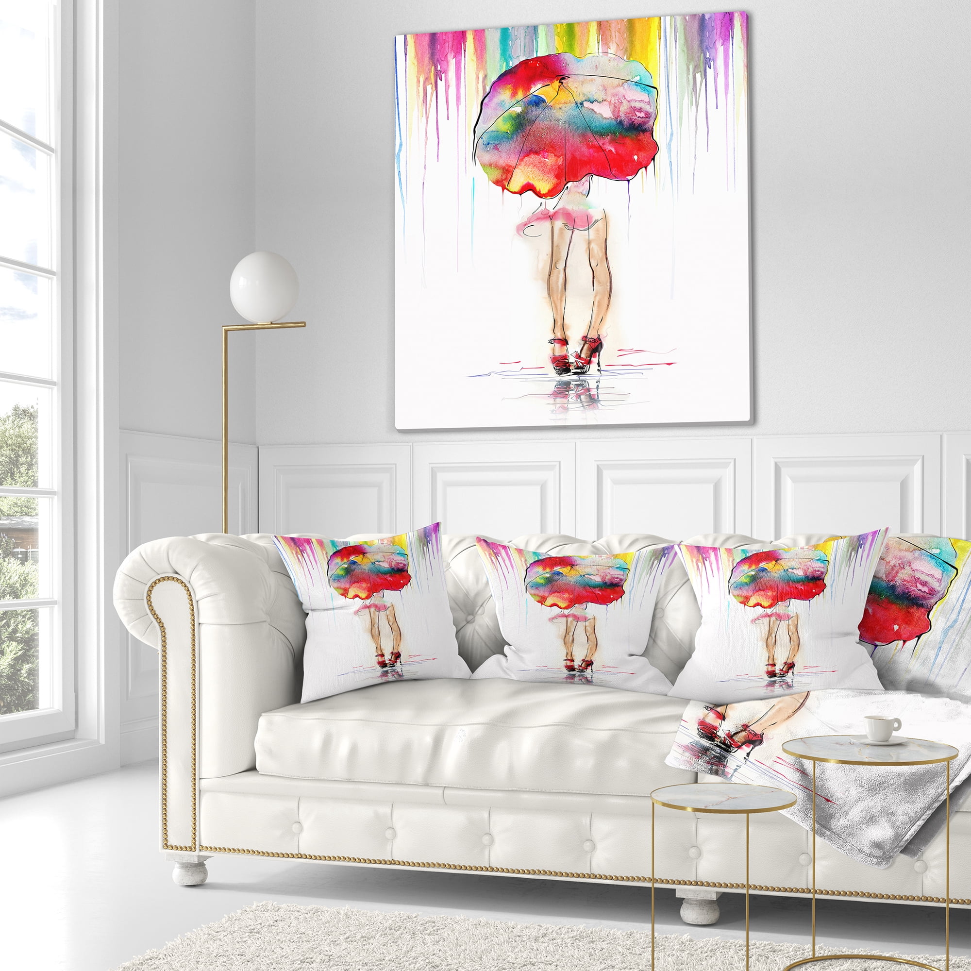 Designart Girl with Red Umbrella - Digital Art Portrait Throw Pillow - 16x16