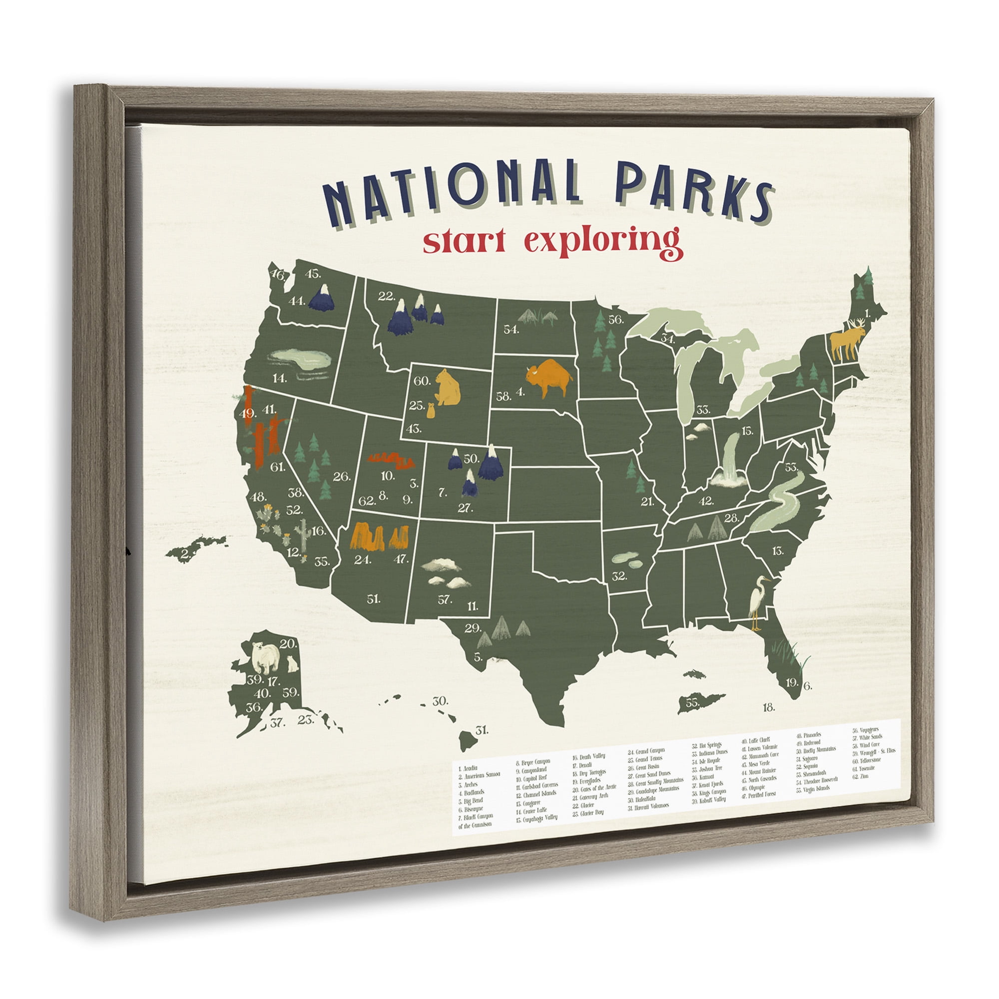 Stupell Industries National Parks Map Diagram Town & City Painting Brown Floater Framed Canvas Art Print Wall Art, 21 x 17