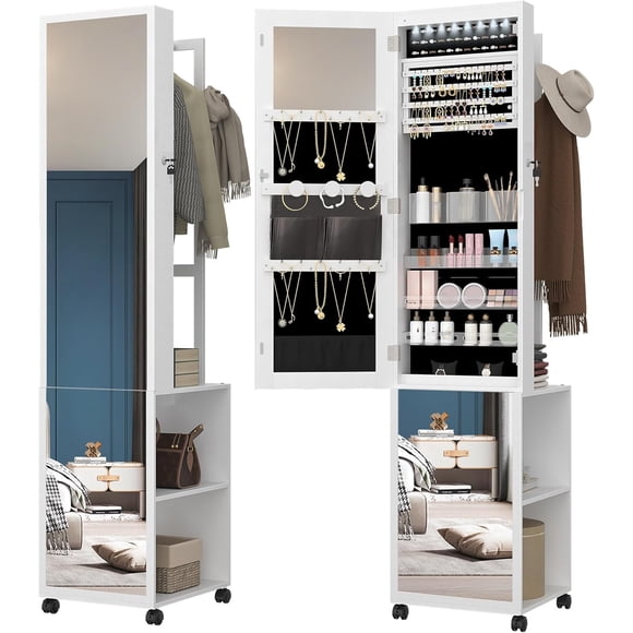 Joyero Con Espejo, Organizador de Joyas Giratorio de 360° con Luz Led, Armario de Pie con Cerradura, Espejo de Cuerpo Entero y Estantes Traseros, 164,6 X 40 X 36,5 cm (Blanco)